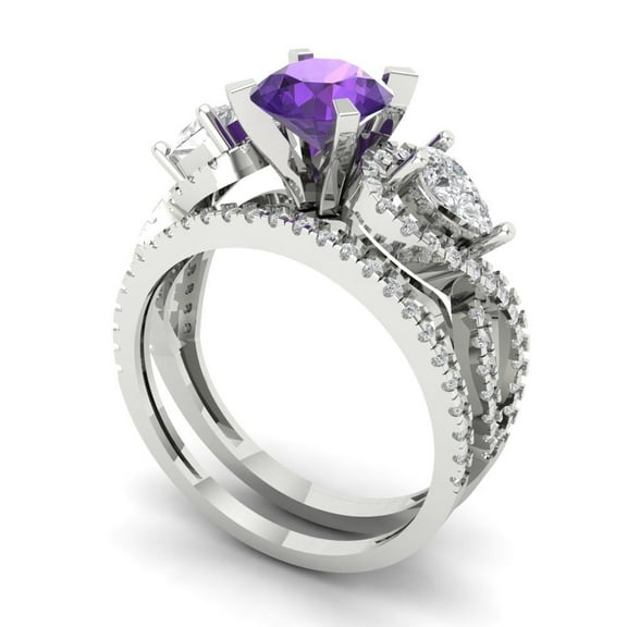 1.89 ct Brilliant Round Cut Natural Amethyst 14k White Gold Solitaire with Accents Engagement Bridal Wedding Ring Band Set size 11