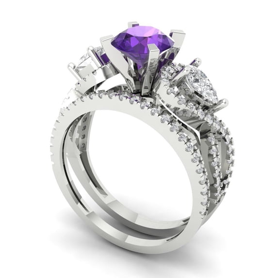 1.89 ct Brilliant Round Cut Natural Amethyst 14k White Gold Solitaire with Accents Engagement Bridal Wedding Ring Band Set size 7