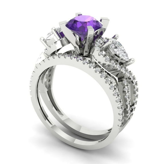1.89 ct Brilliant Round Cut Natural Amethyst 18K White Gold Solitaire with Accents Engagement Bridal Wedding Ring Band Set size 10.75