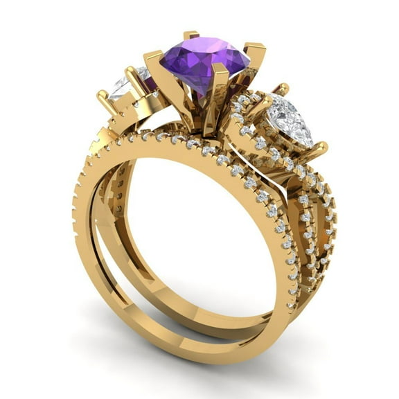 1.89 ct Brilliant Round Cut Natural Amethyst 18K Yellow Gold Solitaire with Accents Engagement Bridal Wedding Ring Band Set size 7.5