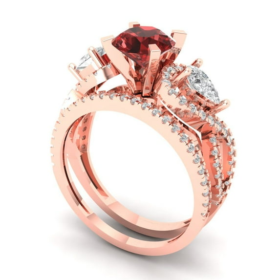 1.89 ct Brilliant Round Cut Natural Garnet 14k Rose Gold Solitaire with Accents Engagement Bridal Wedding Ring Band Set size 10.25