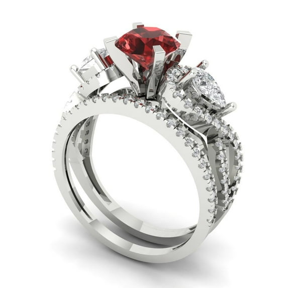 1.89 ct Brilliant Round Cut Natural Garnet 18K White Gold Solitaire with Accents Engagement Bridal Wedding Ring Band Set size 4.25