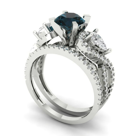 1.89 ct Brilliant Round Cut Natural London Blue Topaz 18K White Gold Solitaire with Accents Engagement Bridal Wedding Ring Band Set size 7.25