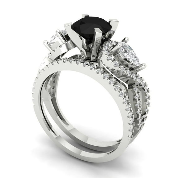 1.89 ct Brilliant Round Cut Natural Onyx 14k White Gold Solitaire with Accents Engagement Bridal Wedding Ring Band Set size 5.25