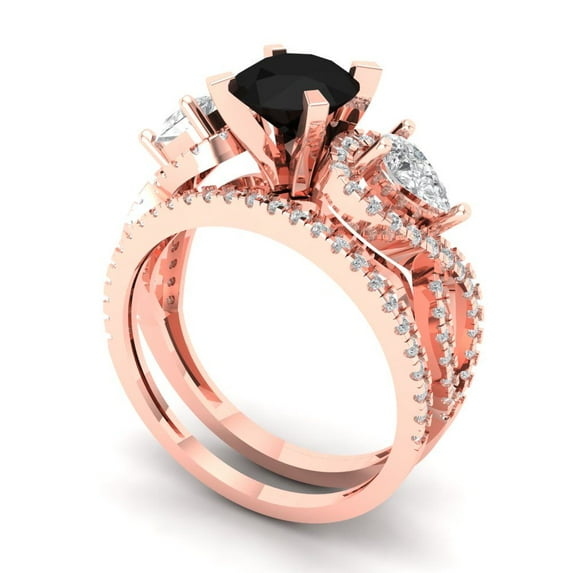 1.89 ct Brilliant Round Cut Natural Onyx 18K Rose Gold Solitaire with Accents Engagement Bridal Wedding Ring Band Set size 9.5