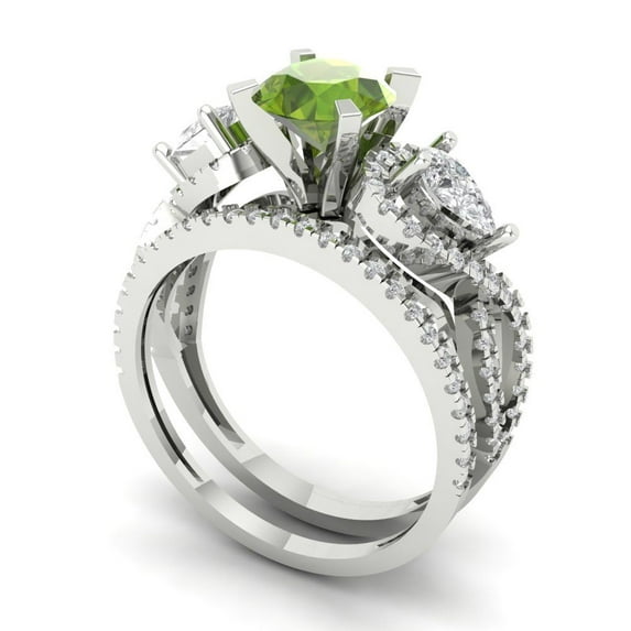 1.89 ct Brilliant Round Cut Natural Peridot 14k White Gold Solitaire with Accents Engagement Bridal Wedding Ring Band Set size 9.5