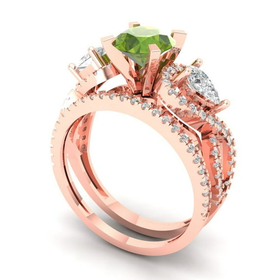 1.89 ct Brilliant Round Cut Natural Peridot 18K Rose Gold Solitaire with Accents Engagement Bridal Wedding Ring Band Set size 7