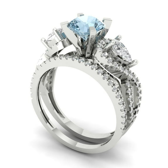 1.89 ct Brilliant Round Cut Natural Sky Blue Topaz 14k White Gold Solitaire with Accents Engagement Bridal Wedding Ring Band Set size 8