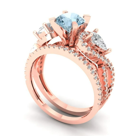 1.89 ct Brilliant Round Cut Natural Swiss Blue Topaz 18K Rose Gold Solitaire with Accents Engagement Bridal Wedding Ring Band Set size 8.75