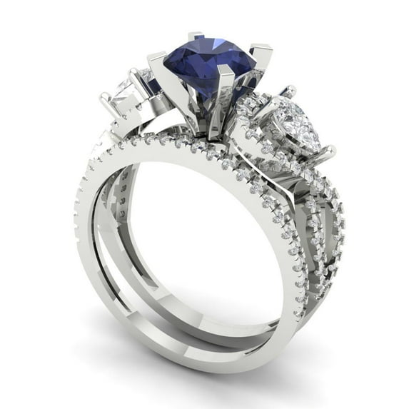 1.89 ct Brilliant Round Cut Blue Sapphire 14k White Gold Solitaire with Accents Engagement Bridal Wedding Ring Band Set size 9.25