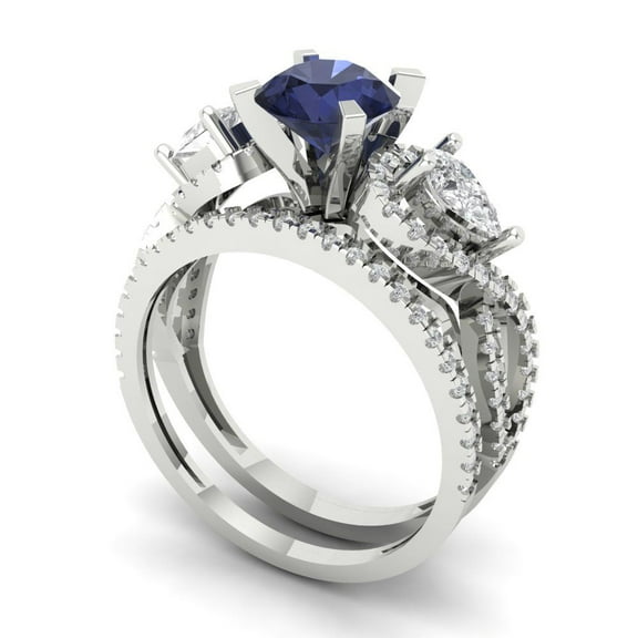 1.89 ct Brilliant Round Cut Blue Sapphire 18K White Gold Solitaire with Accents Engagement Bridal Wedding Ring Band Set size 9.5