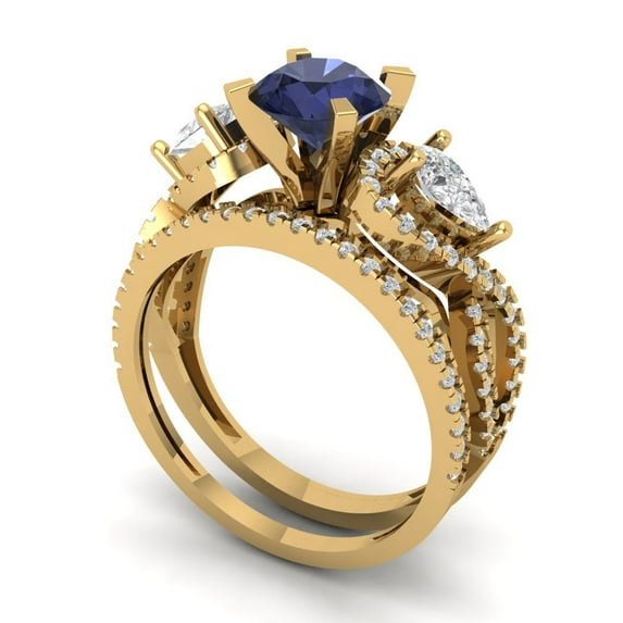 1.89 ct Brilliant Round Cut Blue Sapphire 18K Yellow Gold Solitaire with Accents Engagement Bridal Wedding Ring Band Set size 5
