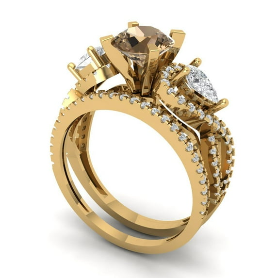 1.89 ct Brilliant Round Cut Champagne 14k Yellow Gold Solitaire with Accents Engagement Bridal Wedding Ring Band Set size 10.25