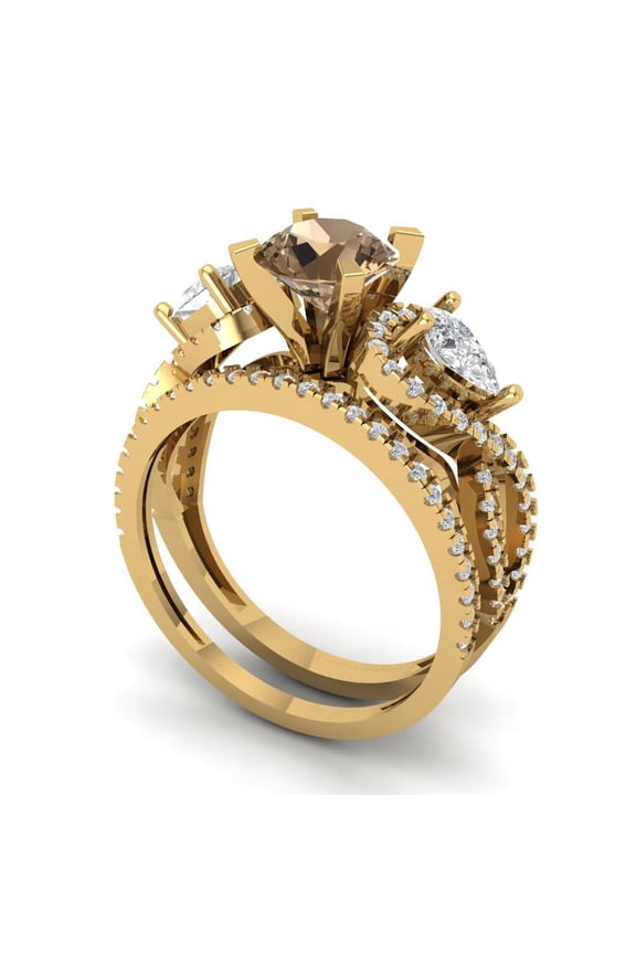 1.89 ct Brilliant Round Cut Champagne 14k Yellow Gold Solitaire with Accents Engagement Bridal Wedding Ring Band Set size 10.5