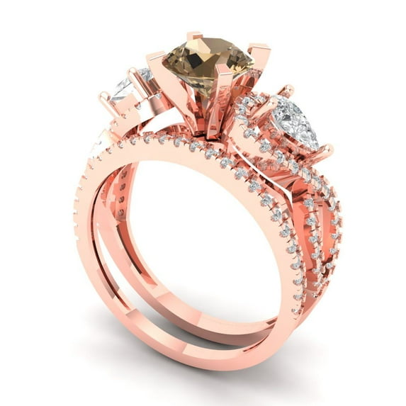 1.89 ct Brilliant Round Cut Champagne 18K Rose Gold Solitaire with Accents Engagement Bridal Wedding Ring Band Set size 10.75