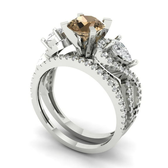 1.89 ct Brilliant Round Cut Champagne 18K White Gold Solitaire with Accents Engagement Bridal Wedding Ring Band Set size 4