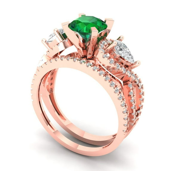 1.89 ct Brilliant Round Cut Emerald 14k Rose Gold Solitaire with Accents Engagement Bridal Wedding Ring Band Set size 7.75