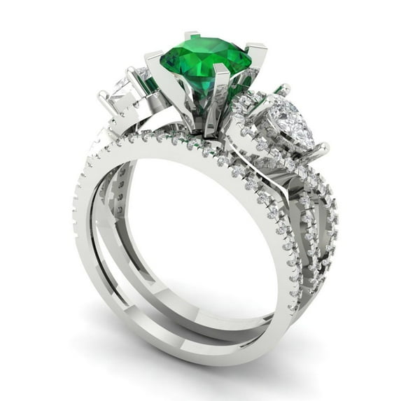 1.89 ct Brilliant Round Cut Emerald 14k White Gold Solitaire with Accents Engagement Bridal Wedding Ring Band Set size 10