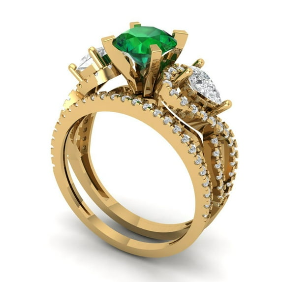 1.89 ct Brilliant Round Cut Emerald 18K Yellow Gold Solitaire with Accents Engagement Bridal Wedding Ring Band Set size 7.75