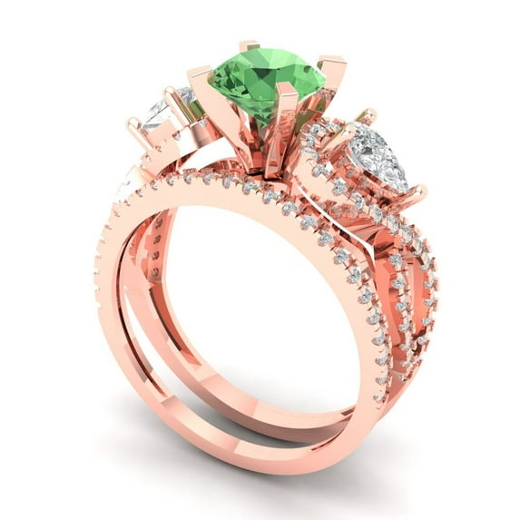 1.89 ct Brilliant Round Cut Green Zircon 14k Rose Gold Solitaire with Accents Engagement Bridal Wedding Ring Band Set size 5.5