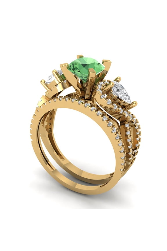 1.89 ct Brilliant Round Cut Green Zircon 14k Yellow Gold Solitaire with Accents Engagement Bridal Wedding Ring Band Set size 5.5