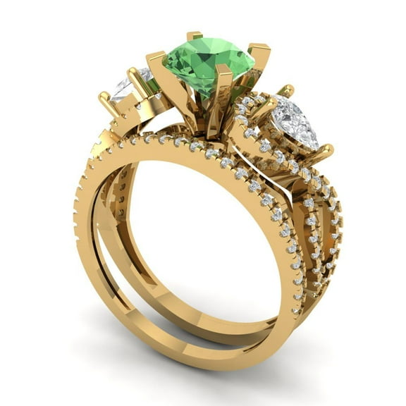 1.89 ct Brilliant Round Cut Green Zircon 18K Yellow Gold Solitaire with Accents Engagement Bridal Wedding Ring Band Set size 3.5