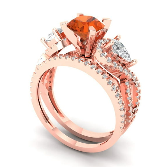1.89 ct Brilliant Round Cut Red Zircon 18K Rose Gold Solitaire with Accents Engagement Bridal Wedding Ring Band Set size 5.25