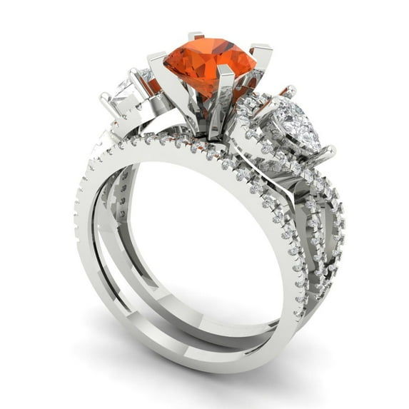 1.89 ct Brilliant Round Cut Red Zircon 18K White Gold Solitaire with Accents Engagement Bridal Wedding Ring Band Set size 9.75