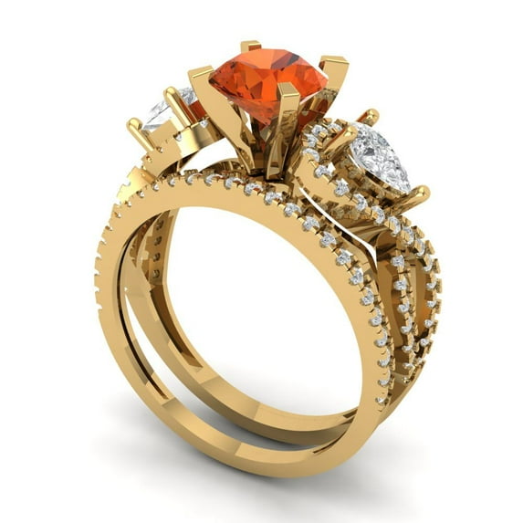 1.89 ct Brilliant Round Cut Red Zircon 18K Yellow Gold Solitaire with Accents Engagement Bridal Wedding Ring Band Set size 7.5