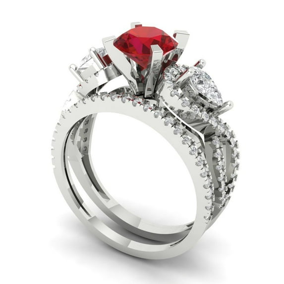 1.89 ct Brilliant Round Cut Ruby 18K White Gold Solitaire with Accents Engagement Bridal Wedding Ring Band Set size 10.75