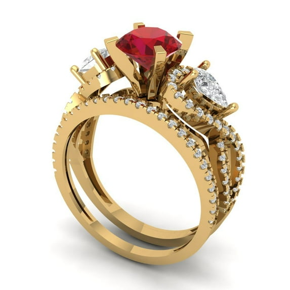 1.89 ct Brilliant Round Cut Ruby 18K Yellow Gold Solitaire with Accents Engagement Bridal Wedding Ring Band Set size 3.75