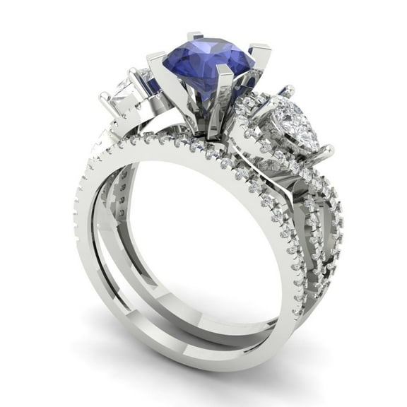 1.89 ct Brilliant Round Cut Tanzanite 14k White Gold Solitaire with Accents Engagement Bridal Wedding Ring Band Set size 6.25