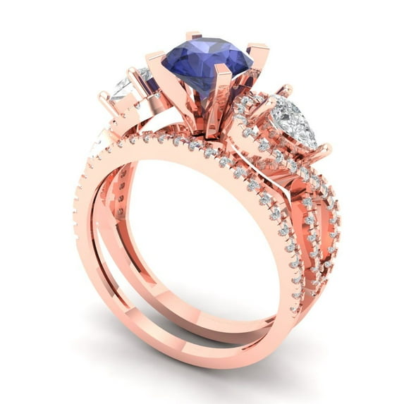 1.89 ct Brilliant Round Cut Tanzanite 18K Rose Gold Solitaire with Accents Engagement Bridal Wedding Ring Band Set size 8.25