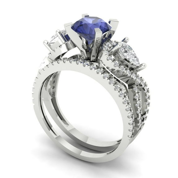 1.89 ct Brilliant Round Cut Tanzanite 18K White Gold Solitaire with Accents Engagement Bridal Wedding Ring Band Set size 5.75