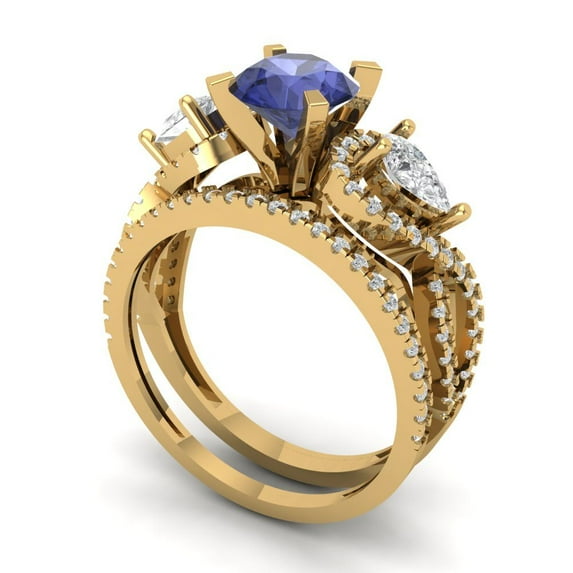 1.89 ct Brilliant Round Cut Tanzanite 18K Yellow Gold Solitaire with Accents Engagement Bridal Wedding Ring Band Set size 5