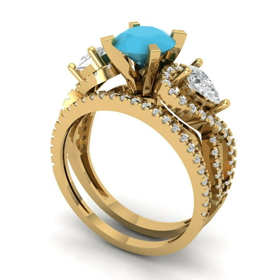 1.89 ct Brilliant Round Cut Turquoise 14k Yellow Gold Solitaire with Accents Engagement Bridal Wedding Ring Band Set size 6.25
