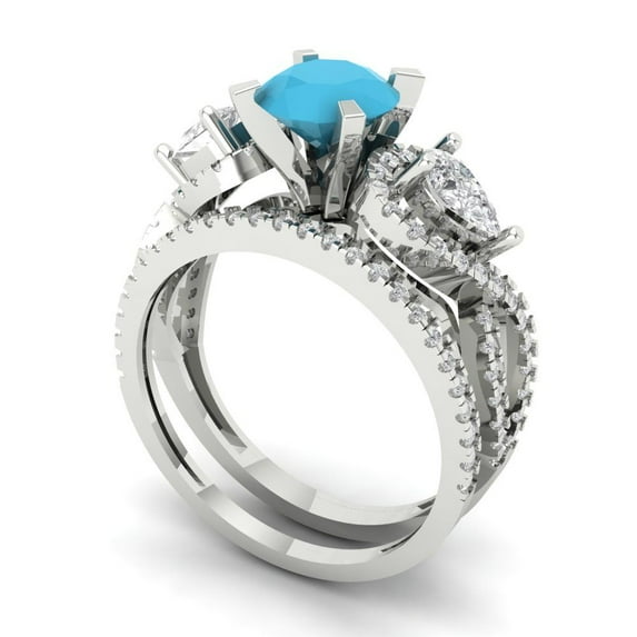 1.89 ct Brilliant Round Cut Turquoise 18K White Gold Solitaire with Accents Engagement Bridal Wedding Ring Band Set size 4.25