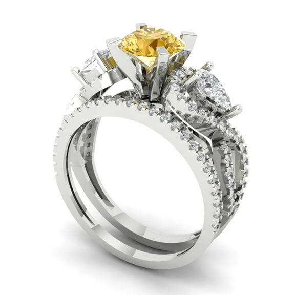 1.89 ct Brilliant Round Cut Yellow Zircon 18K White Gold Solitaire with Accents Engagement Bridal Wedding Ring Band Set size 4