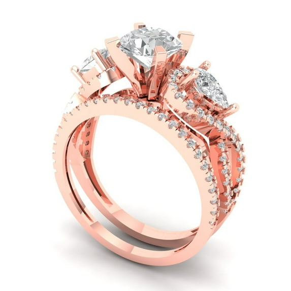 1.89 ct Brilliant Round Cut White Sapphire 14k Rose Gold Solitaire with Accents Engagement Bridal Wedding Ring Band Set size 5.5
