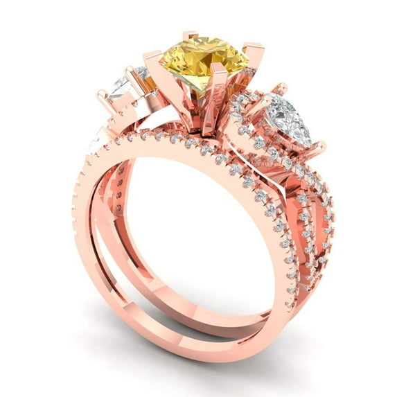 1.89 ct Brilliant Round Cut Yellow Moissanite 18K Rose Gold Solitaire with Accents Engagement Bridal Wedding Ring Band Set size 5.25