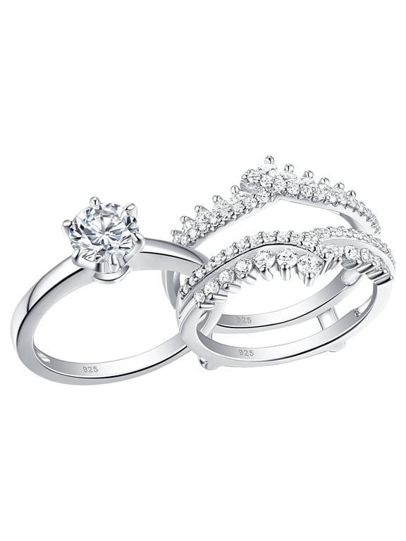 1.8CT Round Cut Simulated Diamond Solitaire Engagement Ring with Curved Chevron Enhancer Band Bridal Guard Ring Set for Women
