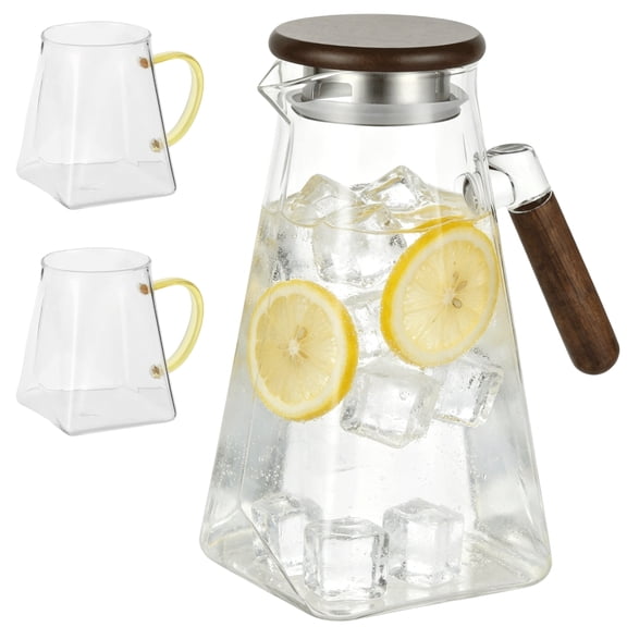1.8L Glass Pitcher with Wooden Lid, Heat-Resistant Borosilicate Jug and 2 Cups Set, Crystal Clear Square Diamond Design, 9.4 x 7.1 x 7.1 in for Cold or Hot Drinks, Household Use
