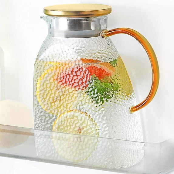 1.8L Glass Pitcher with Stainless Steel Gold Lid - Ideal Fridge Door Water Pitcher for Hot or Cold Beverage, Iced Tea, Juice, Milk, Coffee, Lemonade