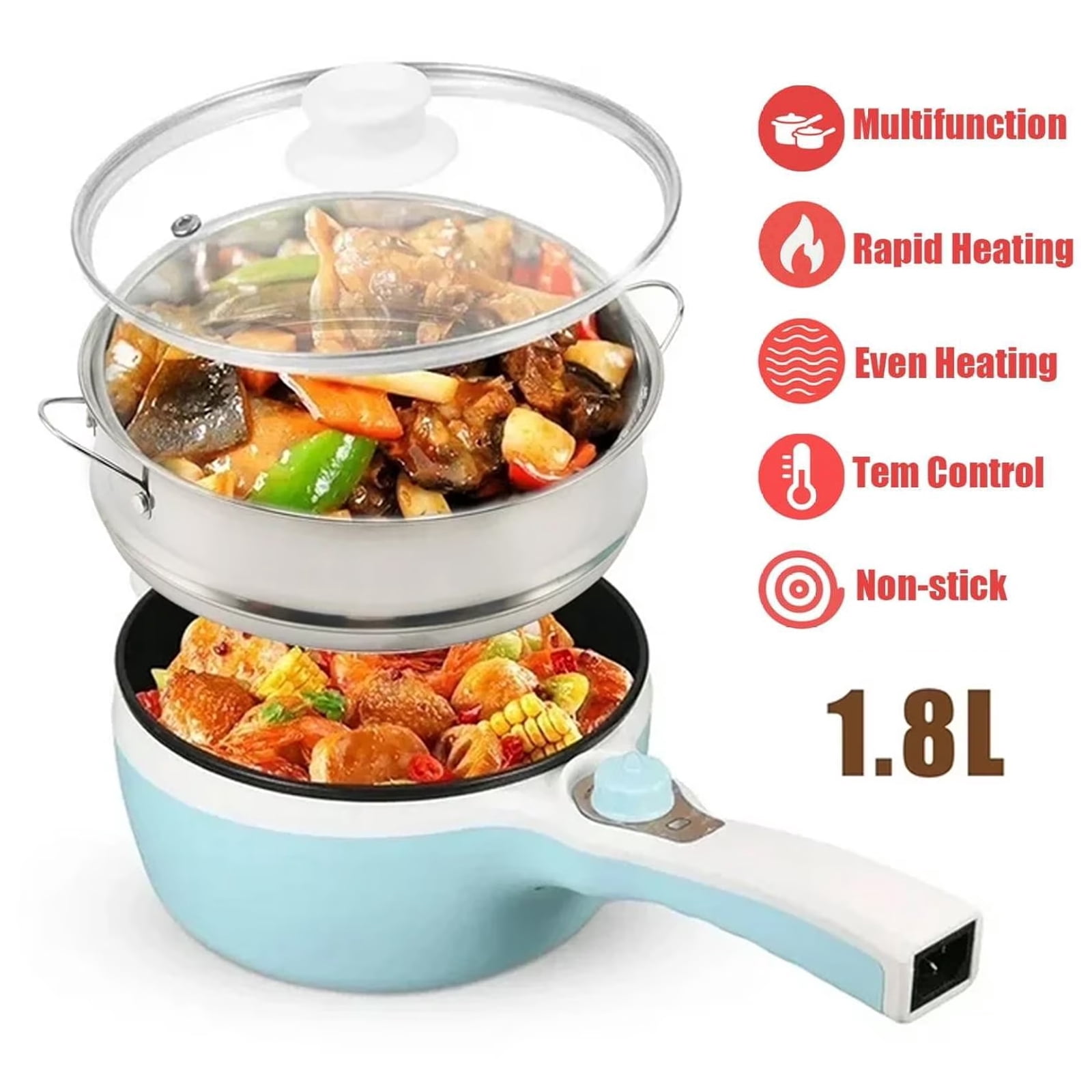 1.8L Non-Stick Electric Hot Pot with Steamer, Ramen Cooker with Dual Power Control Mini Hot Pot for Pasta, Dumplings, Soup, Steak, (Rotary Switch) Blue