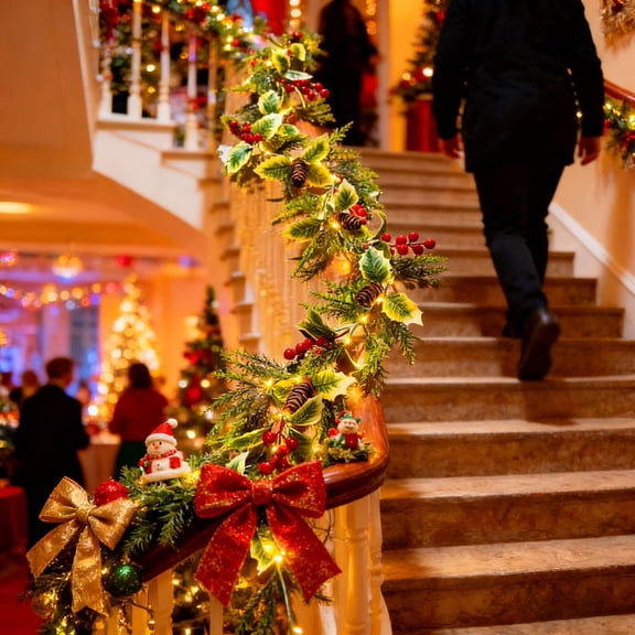 1.8M Pre-Lit Christmas Garland with 35 LED Lights, Artificial Pine Holly Berry Vine for Stair Railing Mantel Holiday Decor