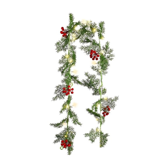 1.8M Pre-lit Christmas Garland Vine with Frosted Pinecones, Red Berries & Juniper Leaves, Artificial Greenery Hanging Decor for Window, Door, Mantel, Festive Home Accent