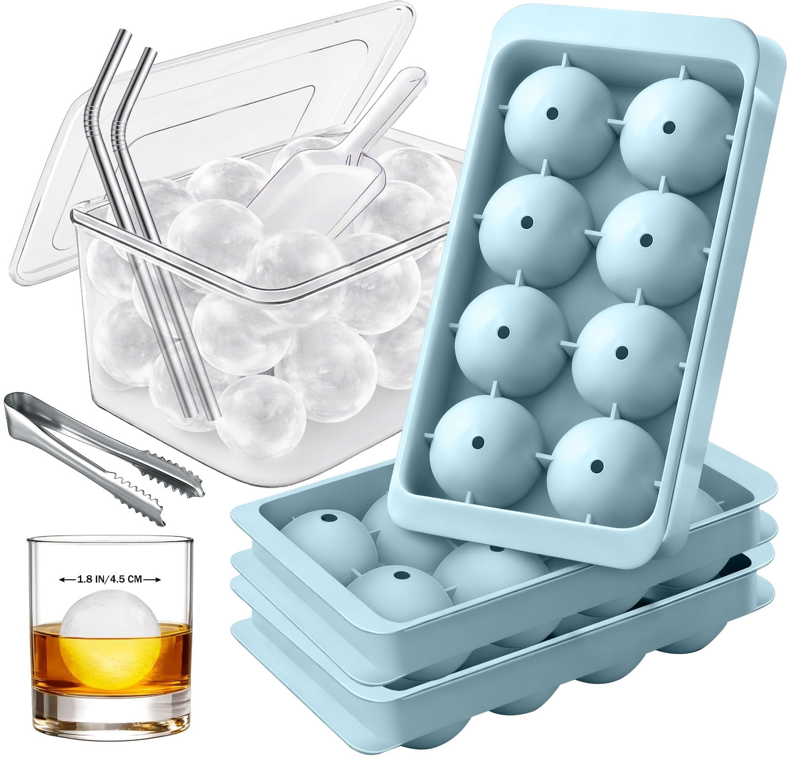 1.8in Large Ice Cube Molds - Big Round Plastic Trays For Freezer With Bucket  Scoop Tongs 2 Straws Easy To Fill & Release Cocktail (3 Pack 8 Balls)