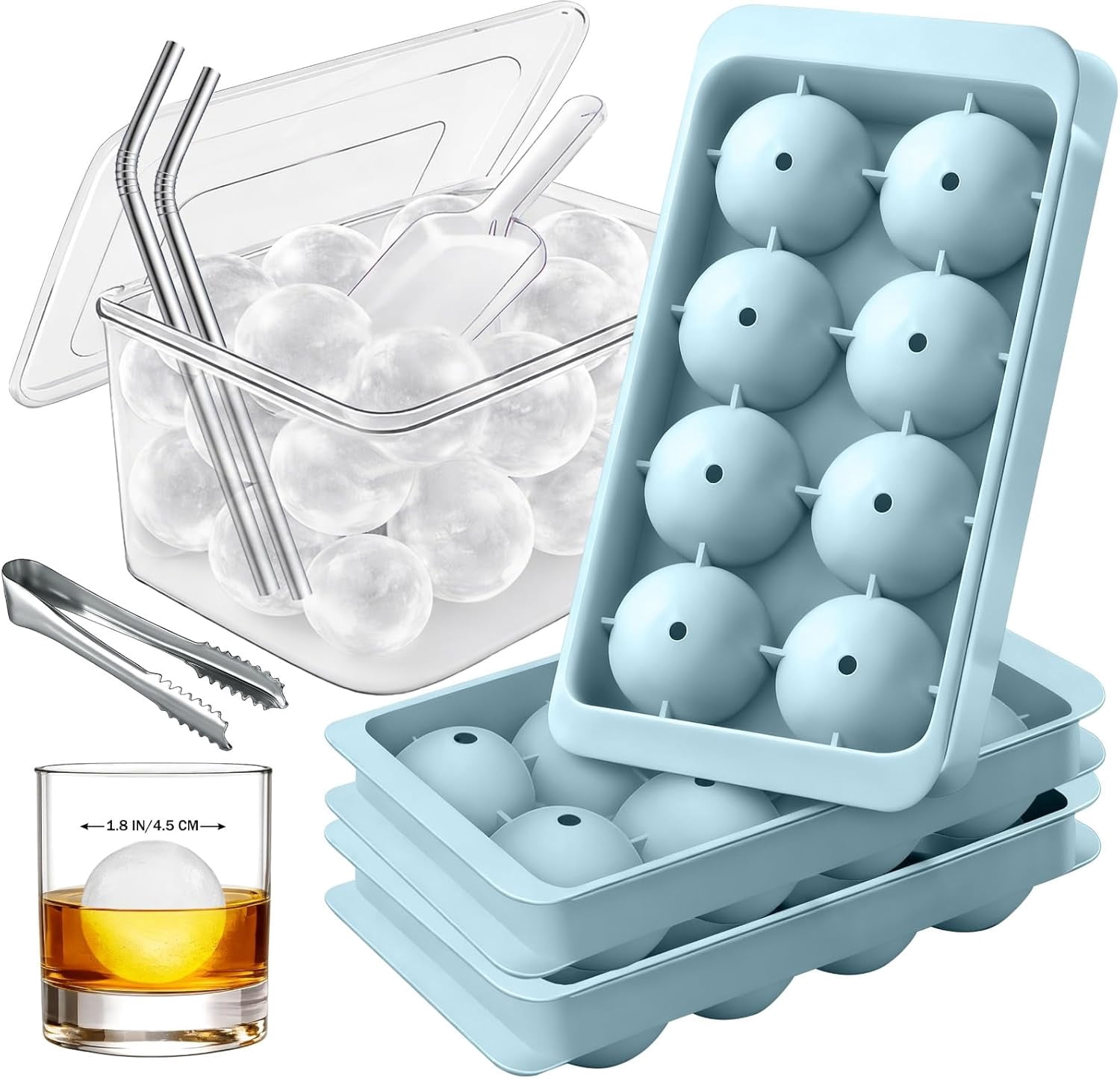 1.8in Large Ice Cube Molds - Big Round Whiskey Plastic Ice Trays for Freezer with Bucket, Scoop, Tongs, 2 Straws - Easy to Fill & Release, Bourbon Cocktail (3 pack, 8 Balls)