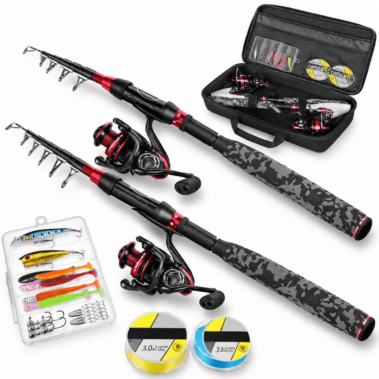 1.8m/6ft 2PACK Full Kit with Carrier Case Telescopic Fishing Rod & Reel ...