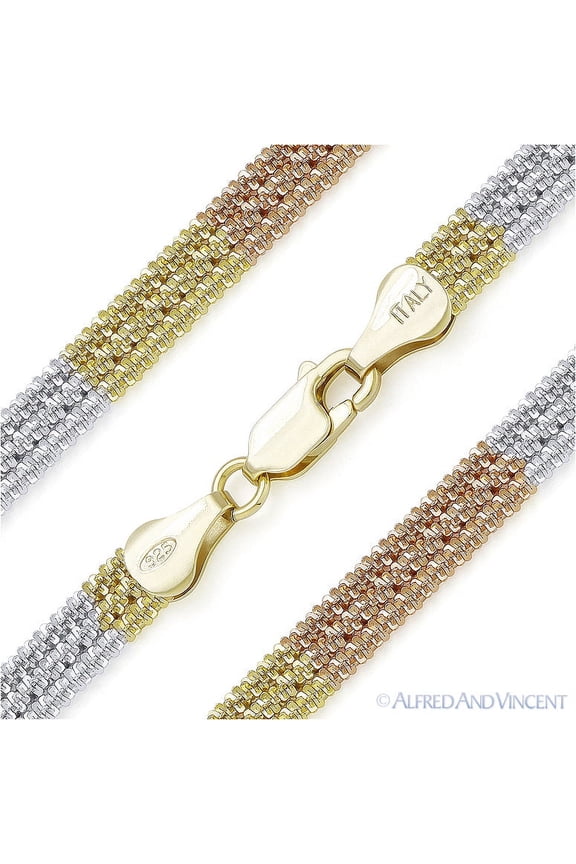1.8mm Roc Link 5.4mm Triple-Chain Necklace in Tri-Tone .925 Sterling Silver w/ 14k Gold & Rhodium